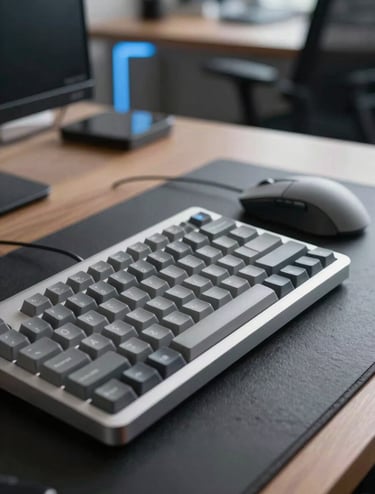 A close-up shot of a silver grey mechanical keyboard and a high-precision mouse on a dark slate desk mat. A blurred background shows a modern office environment with steel blue lighting accents, representing professional attention to detail.