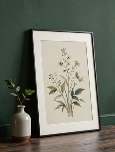 A lifestyle photograph of a framed illustration leaning against a dark forest green wall. The illustration features a delicate floral design on soft off-white paper. Beside it, a small ceramic vase with a single green twig. Elegant and timeless atmosphere.