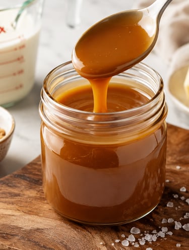 A spoon pouring smooth homemade salted caramel sauce into a glass jar with butter and sugar nearby.