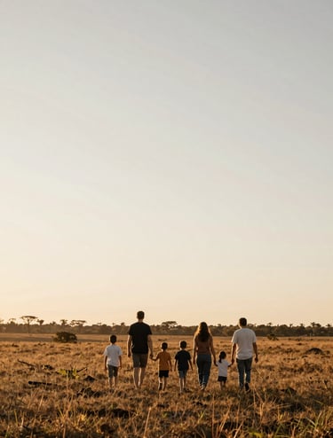 A wide shot of a family walking in an open field in the South American / Brazilian countryside during golden hour. The sky is a soft pearl white and muted taupe. Minimalist composition with a focus on the silhouettes and connection.