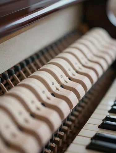 An elegant, close-up shot of a piano's hammers moving, captured in soft focus with a palette of deep taupe and soft off-white highlights.