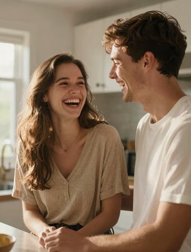 A cinematic, rectangular photograph of a young couple laughing together in a sun-drenched kitchen. The lighting is warm and natural, with soft shadows. They are wearing simple clothes in sand and white tones. Professional photography with shallow depth of field, highlighting authentic joy.