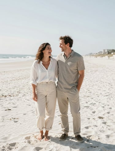 A vertical portrait of a couple laughing on a pristine white sand beach, wearing high-end casual attire in neutral tones. Bright, airy natural lighting and a minimalist composition. North American / US coastline.