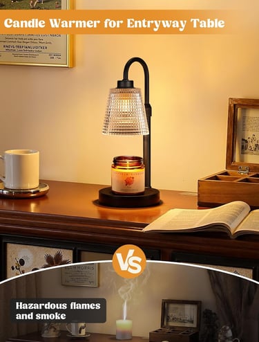 Styled candle warmer lamp with throw, plant, and cozy decor elements on table.