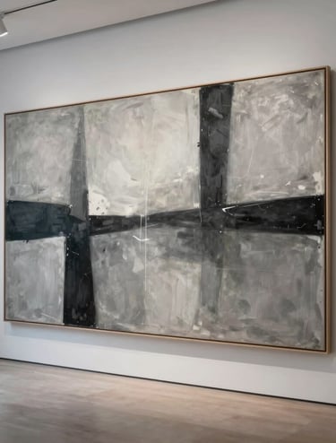 A minimalist and sophisticated large-scale abstract painting in shades of charcoal and light grey, displayed in a high-end European French gallery with soft ambient lighting.