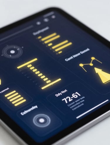 A close-up of a high-tech digital interface on a sleek tablet. Glowing yellow data visualizations and clean white typography appear on a dark blue screen. Professional, sophisticated lighting with a focus on modern UI/UX design.