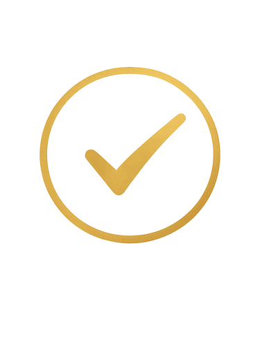A golden check mark icon inside a circle on a black background representing success and approval.