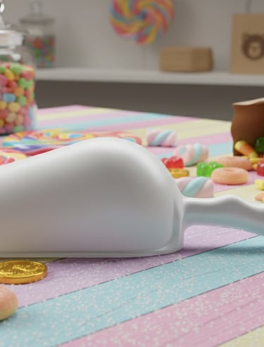 Weiße Schaufel für Bonbons. Glatte Oberfläche für die hygienische Entnahme in Fachgeschäften.