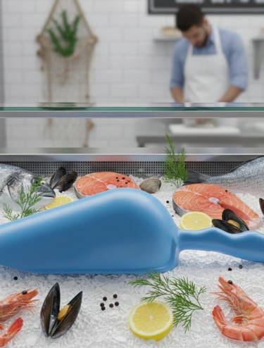 Blue HACCP scoop for fish counters. Professional hygiene for seafood markets.