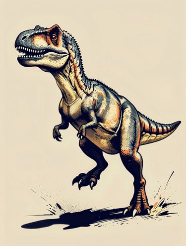 A Velociraptor in a mid-leap action pose, rendered in high-contrast pop art. The piece uses Ben-Day dots for shading in #C6B29B and thick, expressive lines in #1F3A4B. Dynamic splashes of #D87D51 suggest movement.