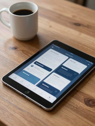 A tablet lying on a wooden desk in a North American / US workspace, showing high-fidelity mobile app designs with slate blue and dark navy blue accents. A soft off-white coffee mug sits beside the tablet. Sharp focus on the screen.