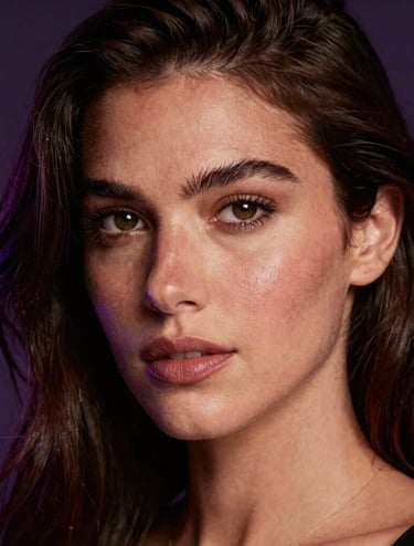A highly polished, intimate close-up photograph of a gorgeous female model gazing into the camera. Seductive mood in a dark studio in Latin American / Global, lit by subtle warm gold key lights and vibrant violet accent lights.
