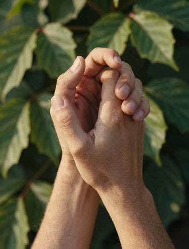 A close-up detail shot of two hands holding tightly against a backdrop of soft green leaves and warm sun-drenched light in a Western / Global garden. Cinematic, intimate, and authentic atmosphere.