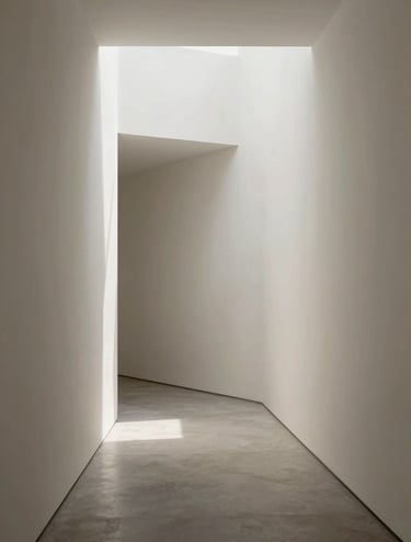 Interior photography of a minimalist gallery corridor, smooth plaster walls in off-white, soft shadow play from a hidden skylight, elegant and sophisticated atmosphere, Portuguese design.