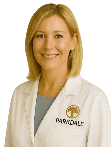 a woman in a lab coat with a Parkdale secret addiction
