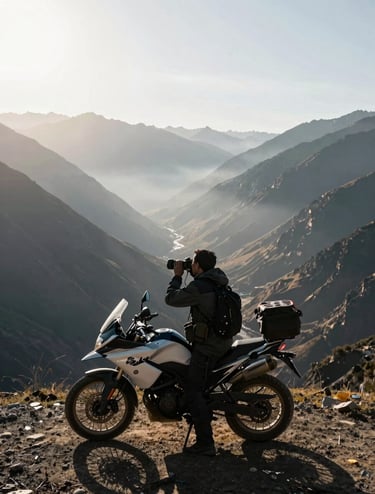 A photographer or traveler in a Global / Western mountain pass, leaning against a motorcycle, looking out over a vast valley, backlit by a hazy afternoon sun, Mist White highlights and deep Dark Charcoal shadows.