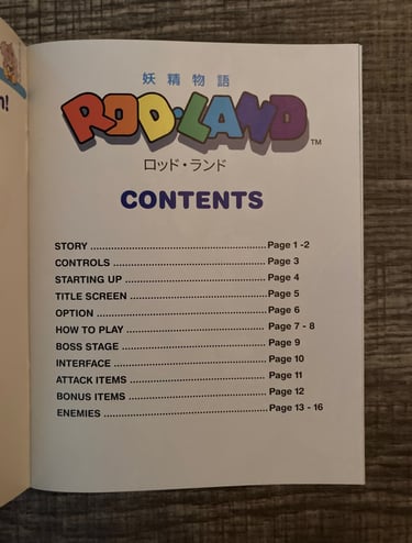 Retro-Bit Rod-Land Table of Contents NES