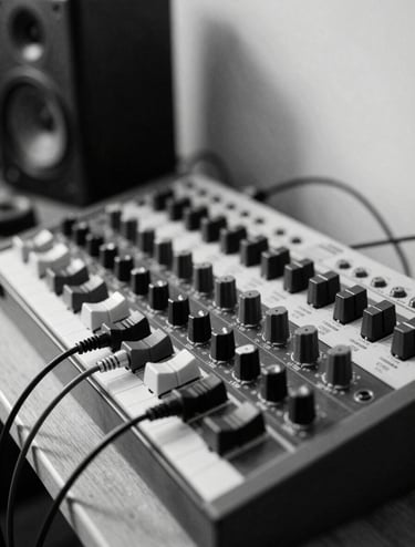 Black and white photography, a high-contrast close-up of a modular synthesizer and audio cables in a minimalist sound studio in Mexico, soft natural side lighting, artistic and refined composition.
