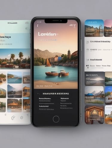 A well-lit indoor exhibition or event space features a counter with a person standing behind it. The decor includes blue walls and potted plants, with a display sign that reads 'Graves, Sauternes, Pessac-Léognan, Barsac.' Several tables and chairs are set up in the background, suggesting a dining or meeting area.