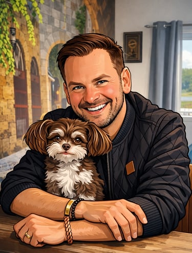 a man with a dog in a bar