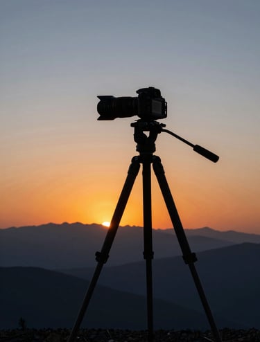 A landscape photographer silhouetted against a vibrant orange and blue sunrise in a North American mountain range, camera mounted on a professional carbon fiber tripod, wide-angle composition, inspiring and professional atmosphere.