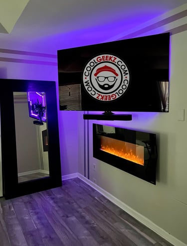 TV mounted with in wall wires on a full motion mount bracket