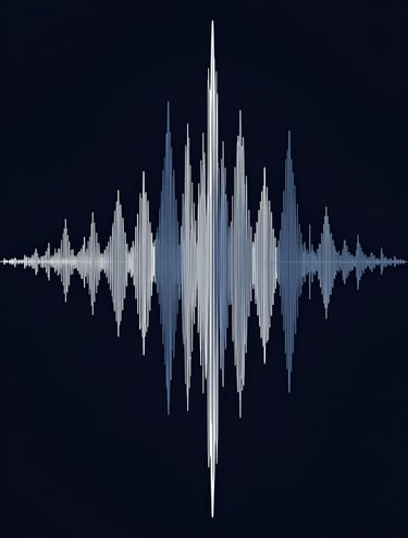 An abstract, high-contrast visualization of sound waves rendered in elegant, thin lines of #86A3B8 and #F8F8F8 against a deep #0A0A0A background. The composition is minimal and artistic, reflecting a blend of technology and soul.