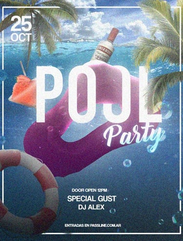 poster con palmeras grandes, un flotador alcohol y una forma abstracta con un campari en el centro