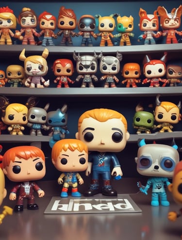 A Funko Pop figure stands on a rough-textured surface in front of a brick wall adorned with colorful mural art, featuring red, blue, and white geometric shapes.