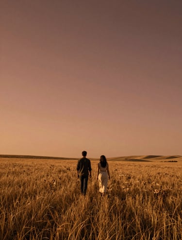 A wide-angle cinematic shot of a couple walking through a golden field at dusk in a North American / General Western landscape. The sky is a warm terracotta hue. Authentic movement and lifestyle photography style with deep charcoal shadows.