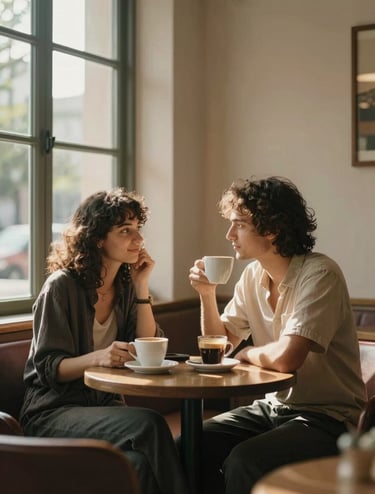 A medium shot of a couple sharing a quiet moment over coffee by a large window. Sun-drenched highlights on their faces. The background features muted brown furniture and a soft sand-colored wall. Cinematic and peaceful.