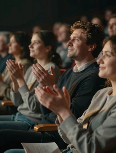 A close-up of a audience in a theater, their hands softly clapping in a warm, low-light environment. The lighting is golden and intimate, reflecting a mood of deep emotional connection. The color palette includes hints of #386F6F in the shadows and #E6EBE0 in the highlights.