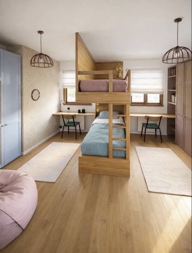 Modern shared kids bedroom featuring a central wooden bunk bed with integrated desks and hardwood flooring.