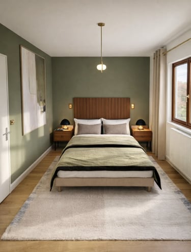 Modern bedroom with sage green walls, a wooden slat headboard, and neutral bedding on a plush rug.