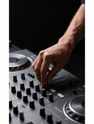 A sharp, close-up photograph of a professional DJ's hand precisely adjusting a fader on a high-tech mixing console. Dark mood with mist grey metallic textures. Professional studio lighting in a Spanish / Latin American production suite, minimalist composition.
