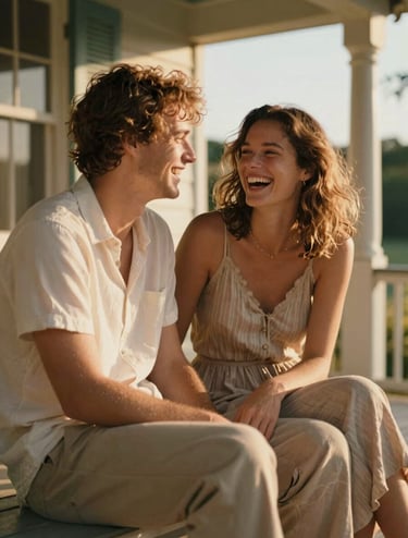 A cinematic, sun-drenched shot of a couple sitting on a vintage porch, sharing a genuine laugh. The lighting is warm and golden, highlighting natural textures and the Soft Sand palette of their clothing. Authentic human connection in a friendly atmosphere.
