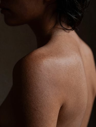 An intimate photography focusing on the subtle texture of a human shoulder and neck, partially veiled by soft, enigmatic shadows. The palette consists of warm clay and deep charcoal. The lighting is low-key and sophisticated, capturing an enigmatic beauty in a South American / Argentine setting.