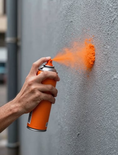 An action shot of an artist's hand using a safety orange spray can on a textured light grey wall in a International / Urban Art Scene alleyway. The focus is on the mist of orange paint against the dark charcoal background, with sharp contrast and motion blur in the particles.