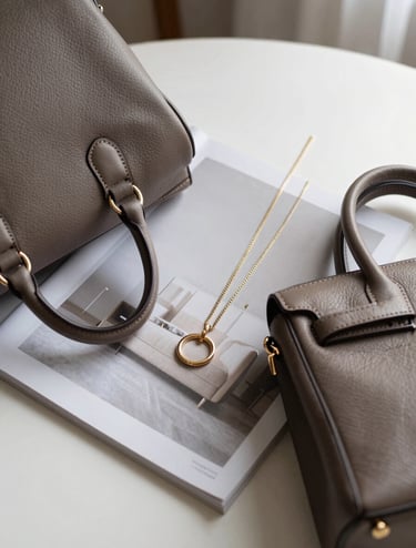 A high-end flat lay photography of a luxury leather handbag and a muted gold piece of jewelry resting on an architectural magazine, soft natural light, minimalist North American / Western European apartment aesthetic.