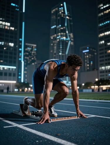 A sprinter at the starting blocks on a futuristic urban track in a US city, dramatic low-angle lighting, electric azure and midnight black tones, cinematic and high-intensity atmosphere.