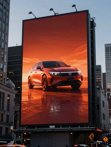 A high-impact billboard in a bustling North American metropolitan area at twilight, showcasing a sleek and fiery brand visual with reddish orange and charcoal tones. The lighting is dramatic and highlights the scale of the advertisement.