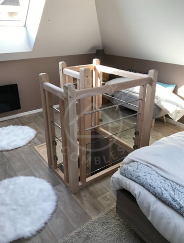 Rambarde escalier colimaçon bois, métal et vitrage bas