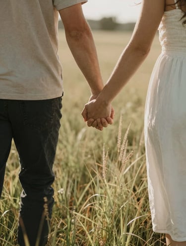 A couple holding hands while walking through a North American / US meadow. The style is lifestyle photography with a cinematic feel, featuring sun-drenched tall grass and a soft sand color palette.