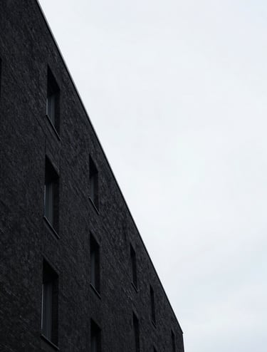 A minimalist architectural photography shot in a Western European city. A sharp, diagonal line where a charcoal black building meets a soft white sky. The lighting is diffused and even, emphasizing the clean edges and the contrast between the dark structure and the light atmosphere.