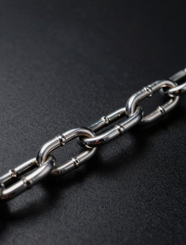 Macro photography of a thick chrome chain resting on a matte black surface, sharp metallic reflections against deep shadows, dark moody lighting, high-performance aesthetic, North American studio setting.