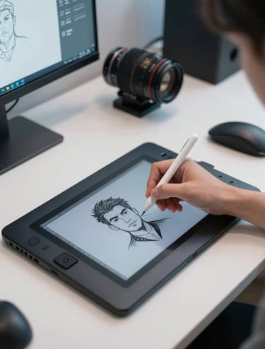 A high-angle view of a hand using a digital stylus to draw a character portrait on a graphics tablet in a North American / US design studio. The workspace is organized with a cool pearl white and steel blue color scheme, illuminated by soft studio lights.