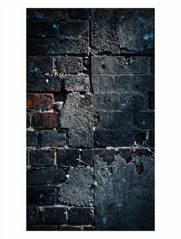 A detailed close-up photograph of weathered brick and concrete textures in deep charcoal and muted slate blue tones. The lighting is harsh and directional, highlighting the rugged surface and history of the urban material.