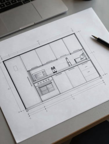 A top-down view of a professional technical interior drawing layout on a desk. Sharp black lines and precise measurements for kitchen cabinetry. Northern European office setting with soft grey tones.