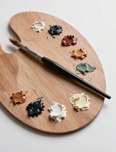 A professional photograph of a wooden artist's palette with dollops of oil paint in charcoal, tan, and cream colors. A high-quality artist's brush rests on the side. The setting is a minimalist, well-lit studio in North America.