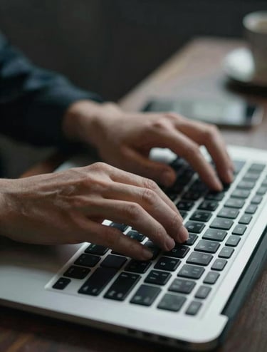 Close-up of hands typing on a high-quality laptop keyboard in a dimly lit room. The screen light subtly illuminates the keys. The style is sharp and focused, symbolizing the act of creation and thought. Touches of #607D8B in the lighting.